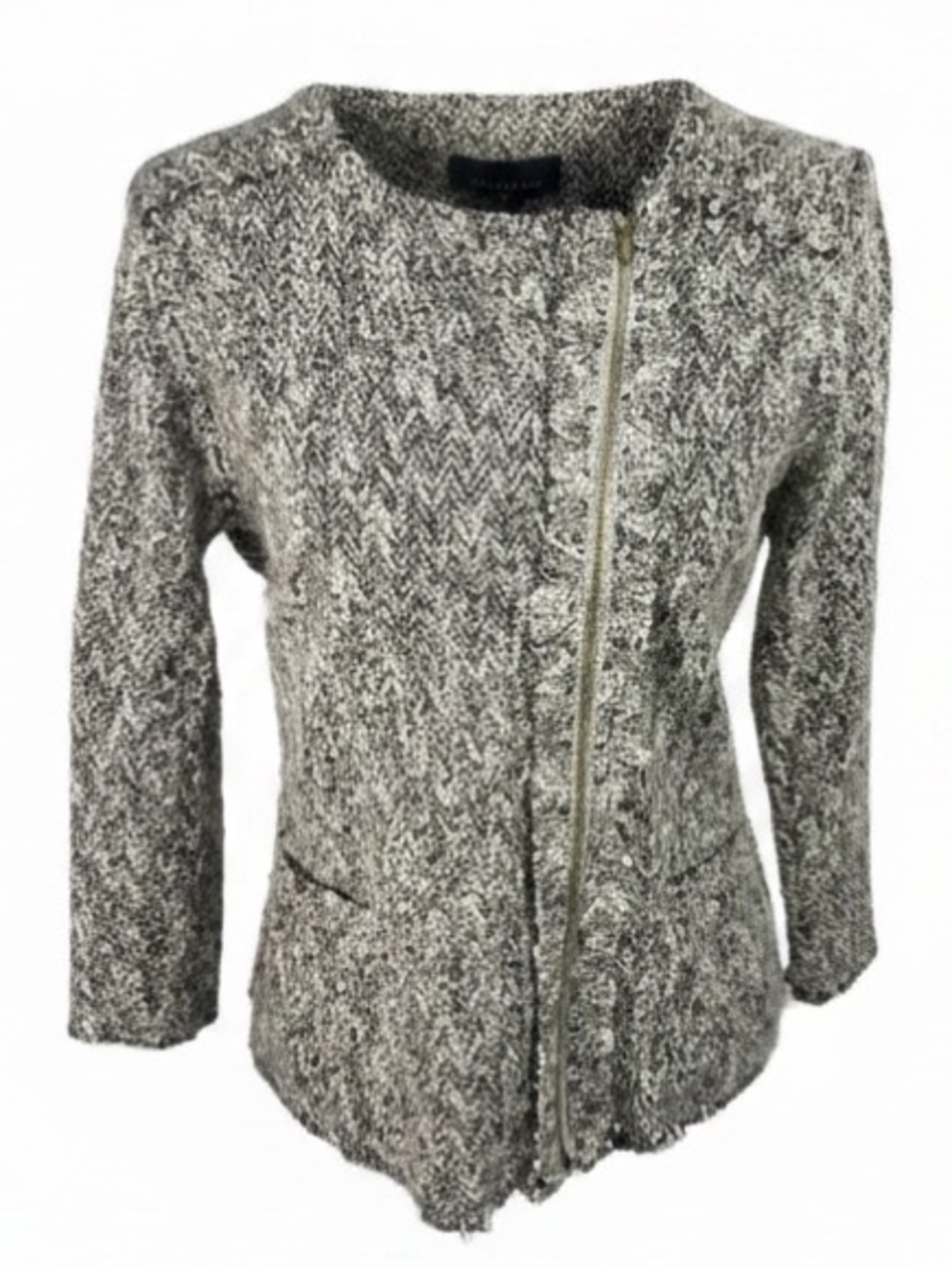 ANA Gray Ivory Boucle Jacket Large | Asymmetrical Zip Textured Blazer Coat